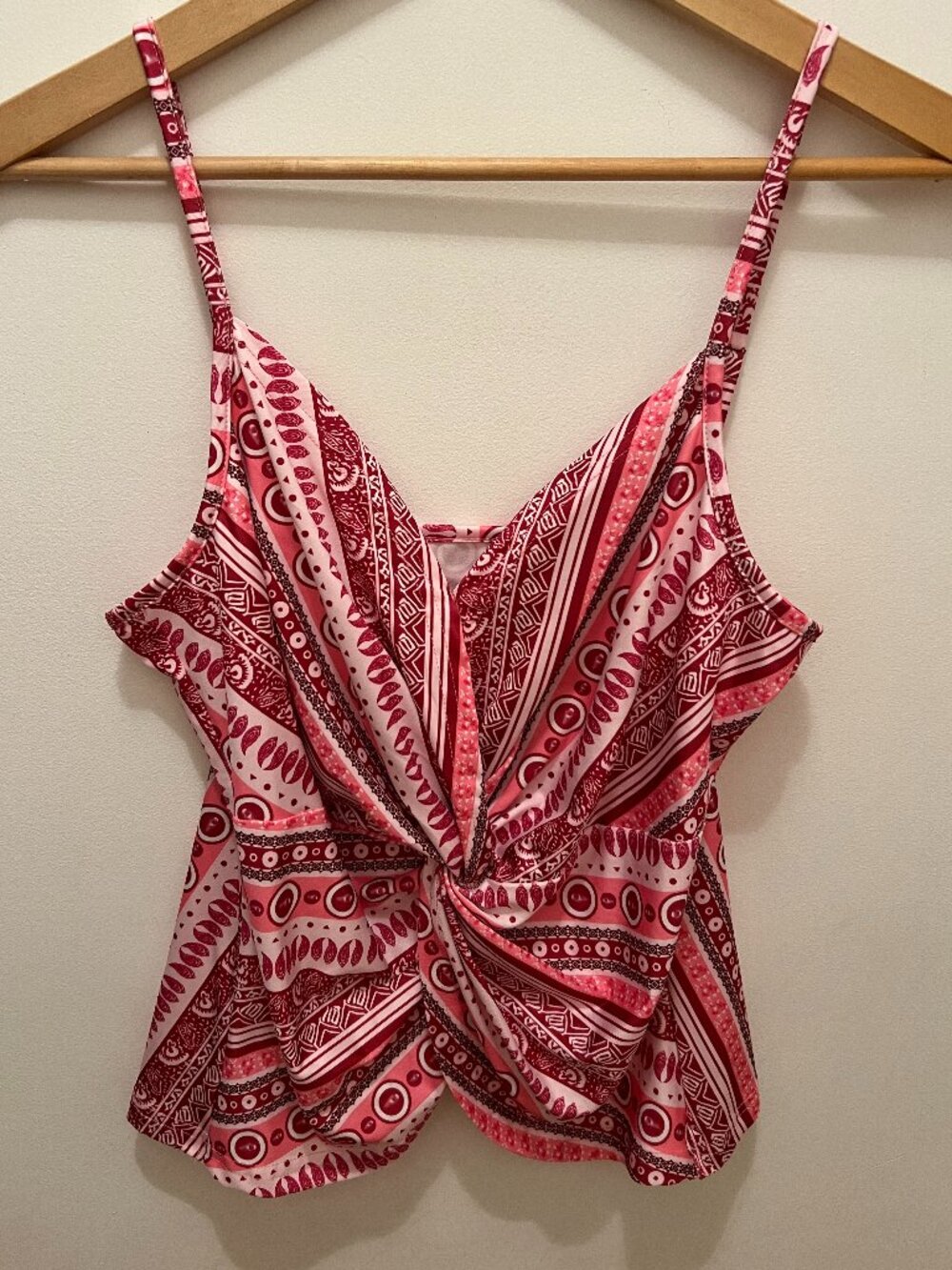 Pink Tribal Print Twist Front Crop Tank Top – Boho Y2K Style – Size L